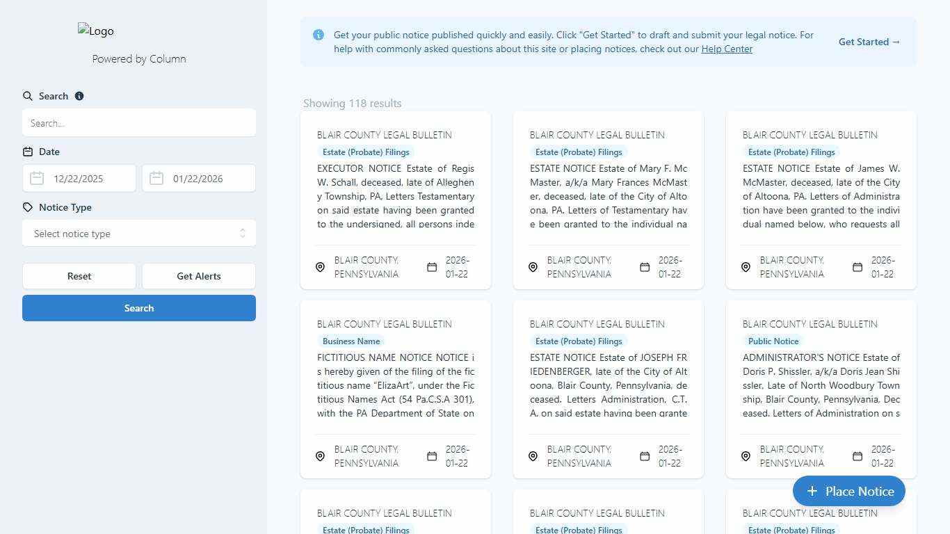 Public Notices Blair County Legal Bulletin